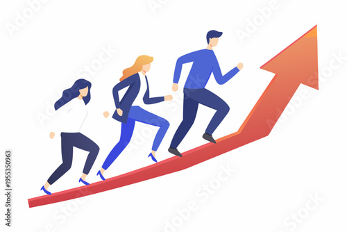 Business professionals running up a red arrow symbolizing growth and success