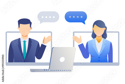 Two professionals communicating virtually through laptops in a modern setting