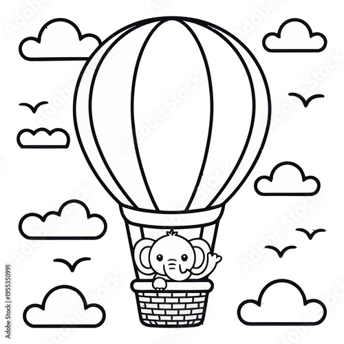 A cute little elephant riding in a large hot air balloon surrounded by fluffy clouds and birds isolated on white background, Vector, illustration