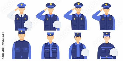Four uniformed police officers saluting with variations in pose and attire
