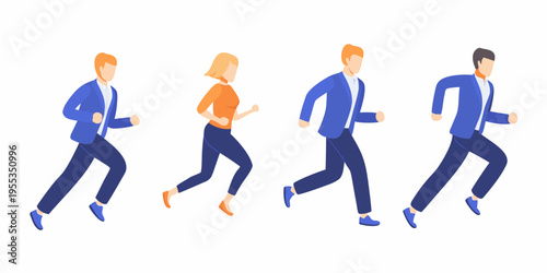 Four business professionals are depicted in a dynamic running pose