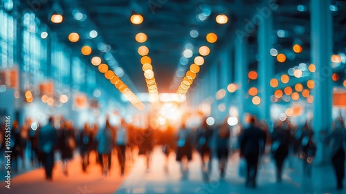 Blurred view of a trade fair expo, a large crowd at an international business convention, a showcase centre, with attendees gathering to see product and service displays