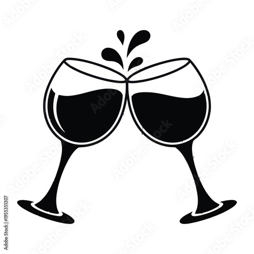 A minimalist black and white graphic illustration featuring two wine glasses clinking together isolated on white background, Vector, illustration