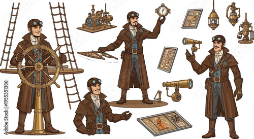 Steampunk inventor character set with gadgets telescope clock machinery vintage engineer cartoon vector illustration collection
