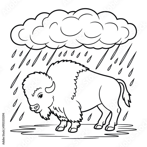A cute cartoon bison standing in a puddle under a dark cloud during a light rain shower for kids isolated on white background, Vector, illustration