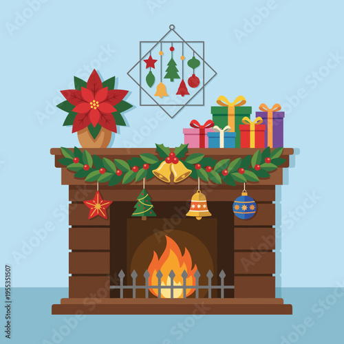 A beautifully decorated Christmas mantelpiece adorned with garlands, ornaments, and presents, creating a warm and festive atmosphere invoking feelings of joy and celebration.