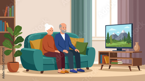 A loving elderly couple sits comfortably on a couch, enjoying a cozy moment while watching television together, representing companionship, love, and familial bonds.