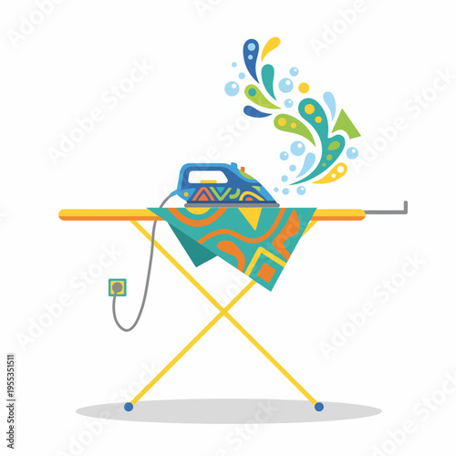 An artistic illustration of a steam iron placed on an ironing board, with vibrant cloth that embodies the creativity and effort in everyday chores like ironing clothing.