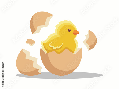 A charming baby chick emerges from a cracked eggshell, symbolizing new beginnings, life, and growth, wonderfully depicted in bright colors for an inviting look.