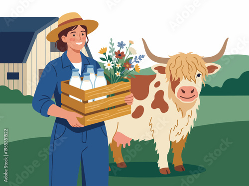 A cheerful woman stands on a farm holding crates of milk while a fluffy cow looks on, embodying the essence of rural life and the connection between agriculture and daily living.