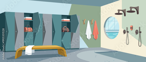 A stylish and spacious locker room features organized storage lockers, towels, and shower areas, symbolizing cleanliness, comfort, and a modern approach to personal care and fitness.