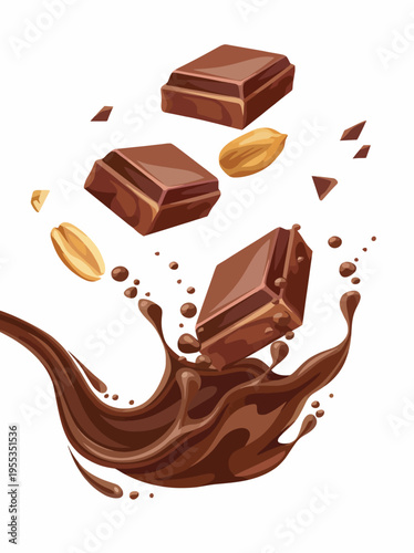 An enticing depiction of chocolate bars falling into a splash of chocolate with nuts, symbolizing indulgence, joy, and the irresistible allure of sweet treats and desserts.