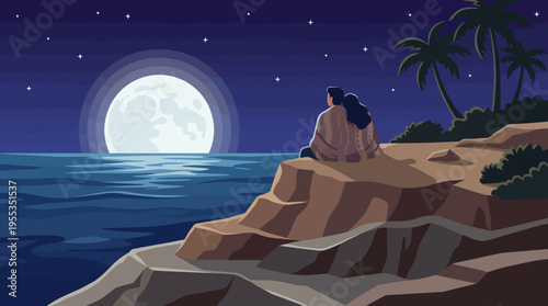 A serene moonlit beach scene featuring a couple sitting on rocks while gazing at the bright full moon, with palm trees silhouetted against the night sky.