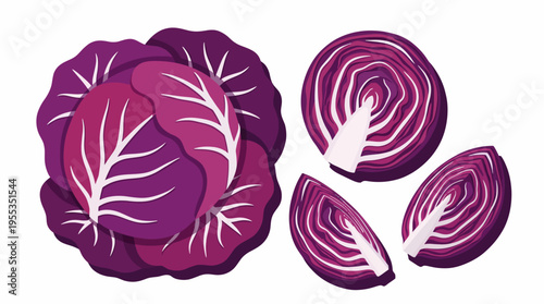 An eye-catching display of vibrant purple cabbage, featuring a whole head and freshly cut sections that highlight its unique texture and color, ideal for healthy eating.
