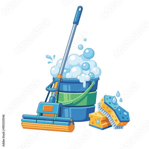 A colorful arrangement of cleaning tools including a mop, bucket, and sponges, emphasizing cleanliness and the joy of a fresh, sparkling environment for living spaces.