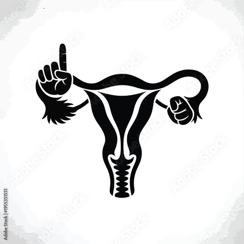 A stylized black and white graphic showing a female reproductive system with hands making gestures isolated on white background, Vector, illustration