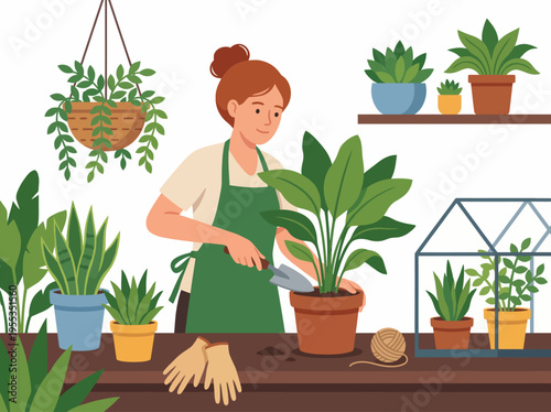 A creative gardener tends to various indoor plants while skillfully pruning and repotting to nurture growth, showcasing a love for nature and the beauty of greenery around us.