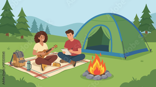 A cozy campsite scene showcases a couple sitting together by a campfire, enjoying music and nature, reflecting moments of connection, relaxation, and the beauty of outdoor adventures.