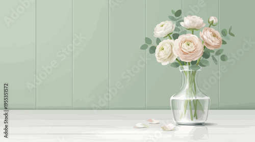 This serene illustration features a clear glass vase filled with delicate, pastel ranunculus flowers, beautifully arranged against a soft green background for a calming aesthetic.