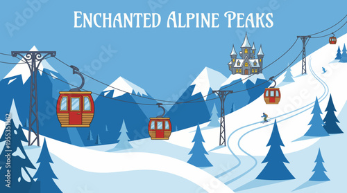 Explore the serene beauty of snowy Alpine peaks, featuring gondolas and a majestic castle, inviting adventure and exploration in a stunning winter landscape.