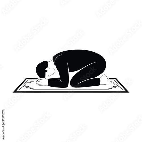 A minimalist black and white illustration of a man performing the sujud position during prayer isolated on white background, Vector, illustration