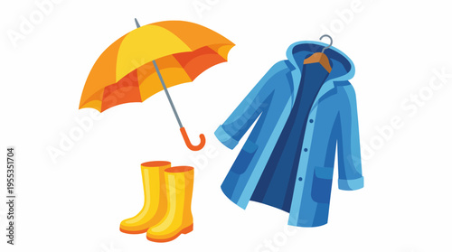 A cheerful illustration showcasing rainy day essentials like a bright yellow umbrella, raincoat, and boots, symbolizing preparation for enjoying wet weather activities.