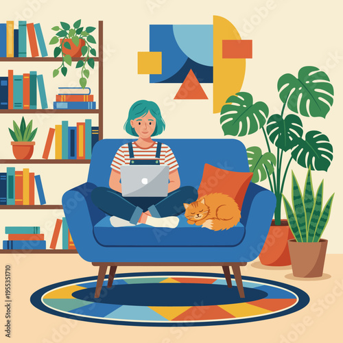 An inviting living room scene depicts a person comfortably working on a laptop while a cat peacefully sleeps nearby, capturing a sense of home and leisure.