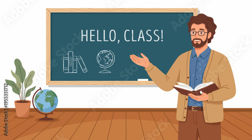 This illustration portrays a teacher welcoming students in a modern classroom setting, promoting a sense of learning, engagement, and education with contemporary decor.