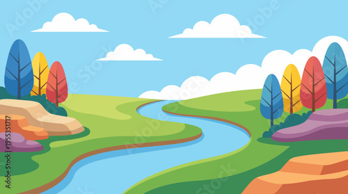 This stunning landscape illustration features a serene river flowing through lush green fields adorned with vibrant trees, encapsulating nature's beauty and tranquility.