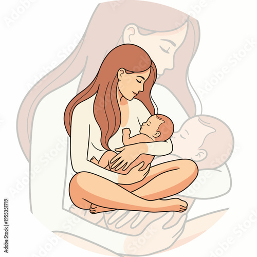 The illustration depicts a mother gently holding her baby in a warm embrace, symbolizing love, care, and the bond between parent and child in a touching moment.