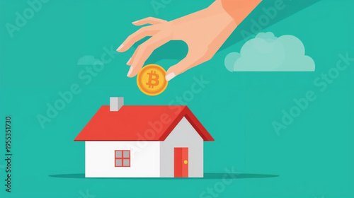 illustration of a hand placing a bitcoin  onto the roof of a small house
