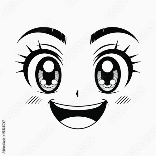 A close up black and white line art drawing of a happy anime style face with large expressive eyes isolated on white background, Vector, illustration
