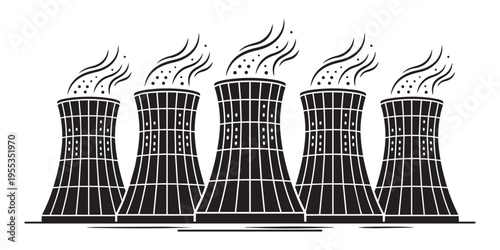 Cooling towers from nuclear power plant emitting smoke industrial vector illustration