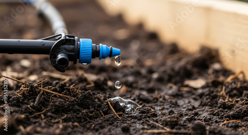 Drip irrigation system with water dripping onto soil in garden  