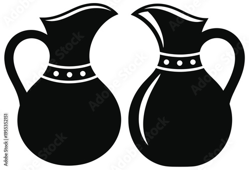 A pair of identical black and white graphic illustrations featuring classic ceramic milk pitchers isolated on white background, Vector, illustration