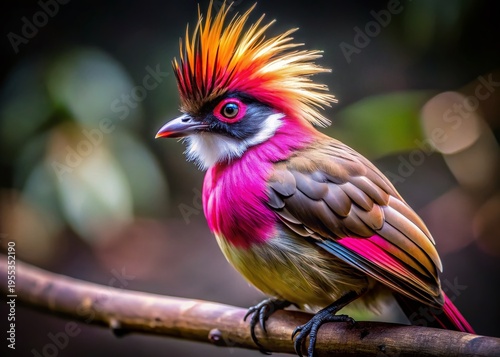 Vibrant Pink-Crested Bird on Branch, Low Light Photography, Exotic Avian Wildlife