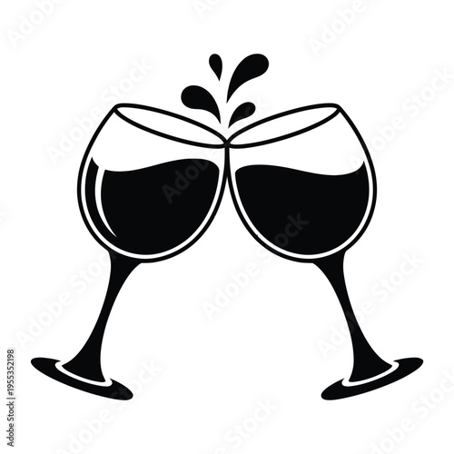 A minimalist black and white graphic illustration of two wine glasses clinking for a celebration isolated on white background, Vector, illustration