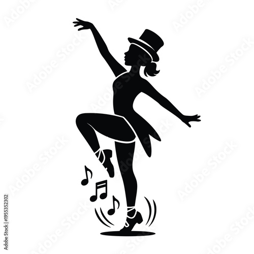 A black silhouette of a female tap dancer wearing a top hat and performing with musical note icons isolated on white background, Vector, illustration