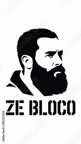 A minimalist black and white graphic illustration featuring a bearded man with stylized lettering isolated on white background, Vector, illustration