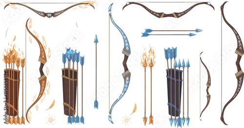 Fantasy bows and arrows set with fire ice elemental archery weapons game assets cartoon vector illustration collection