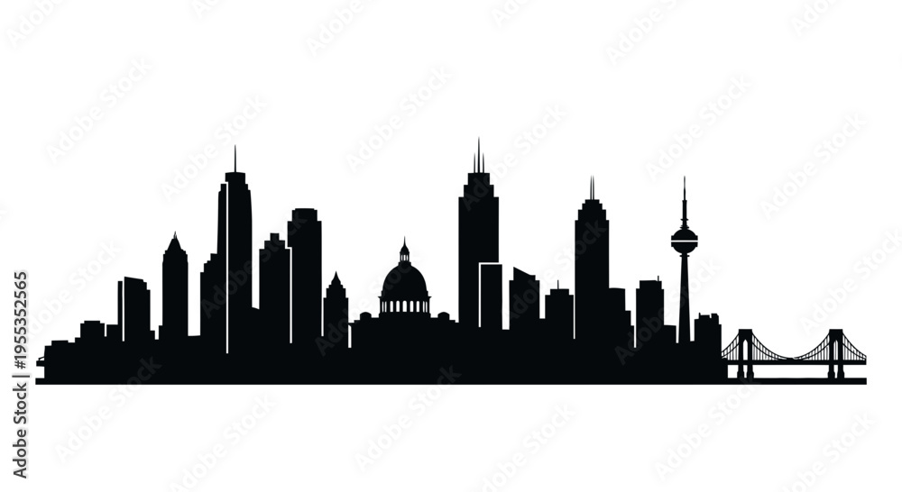 Obraz premium Modern City Skyline Silhouette with Bridge and Skyscrapers