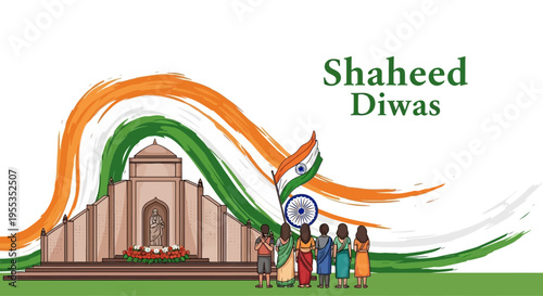Illustration of people standing in front of a monument with Indian flag colors on Shaheed Diwas, a tribute to Indian martyrs.
