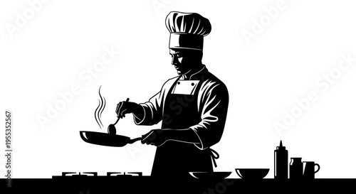 Professional Chef Cooking in Kitchen Silhouette Illustration