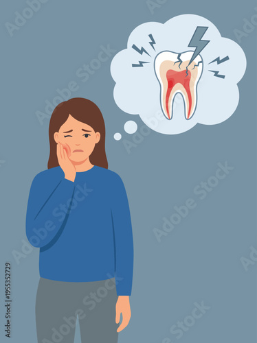 Fotografie An illustration of a woman holding her cheek in discomfort, conveying the common experience of tooth pain, alongside the visual representation of an aching tooth above