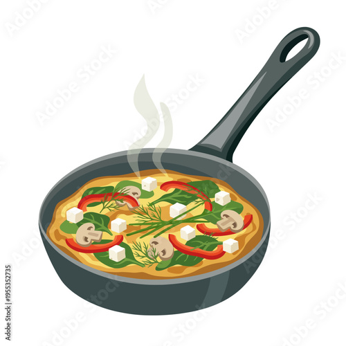 An appetizing illustration of a steaming vegetable omelette in a frying pan, showcasing a healthy meal made with fresh ingredients like peppers, spinach, and mushrooms.