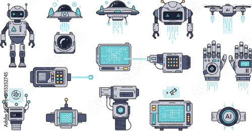 Futuristic AI robot and technology set with drones screens cyber devices sci fi gadgets cartoon vector illustration collection