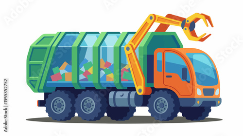 This vibrant illustration showcases a garbage truck with a large crane, emphasizing the importance of waste collection and recycling in our communities for a cleaner environment.