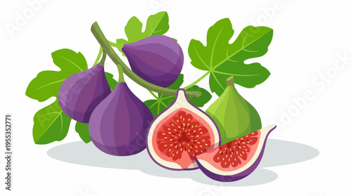 A fresh arrangement of figs alongside green leaves, showcasing nature's bounty and representing health, nutrition, and natural produce in a visually appealing composition.