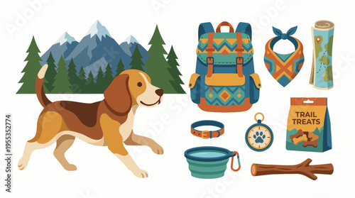 A playful dog shown alongside outdoor gear including a backpack, dog collar, water bowl, compass, and trail treats, perfect for hiking adventures with pets outdoors.