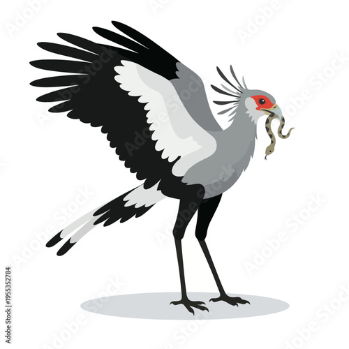 A striking illustration of a bird, the Secretary Bird, confidently holding a snake in its beak, representing strength, cunning, and the intricate balance of nature.
